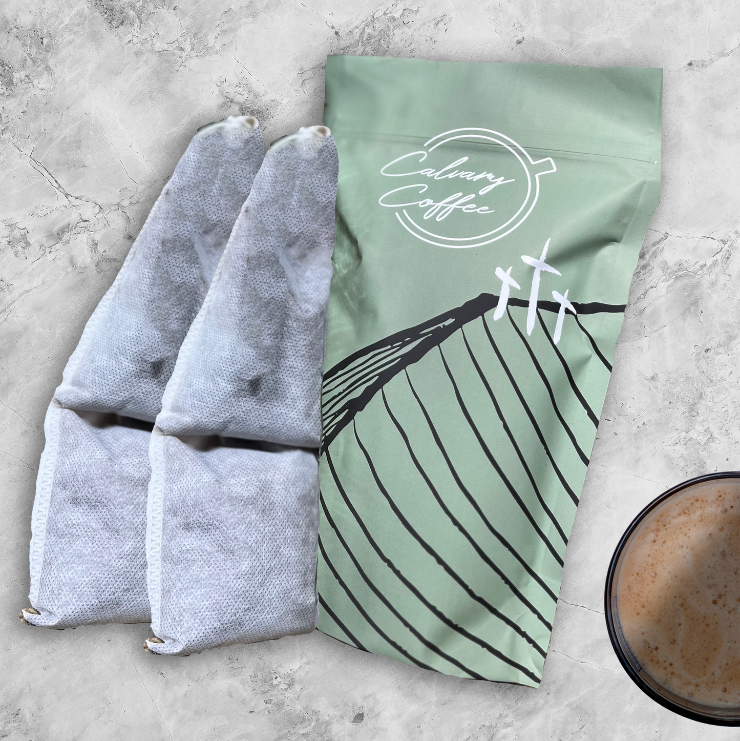 Four steep bags of flavored coffee and coffee bag it comes packed in