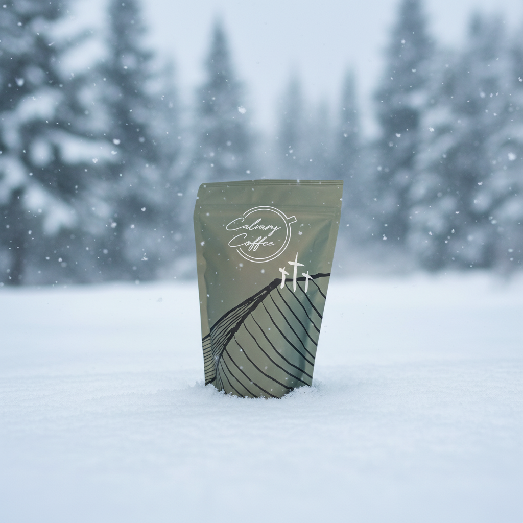Calvary Coffee bag in the snow