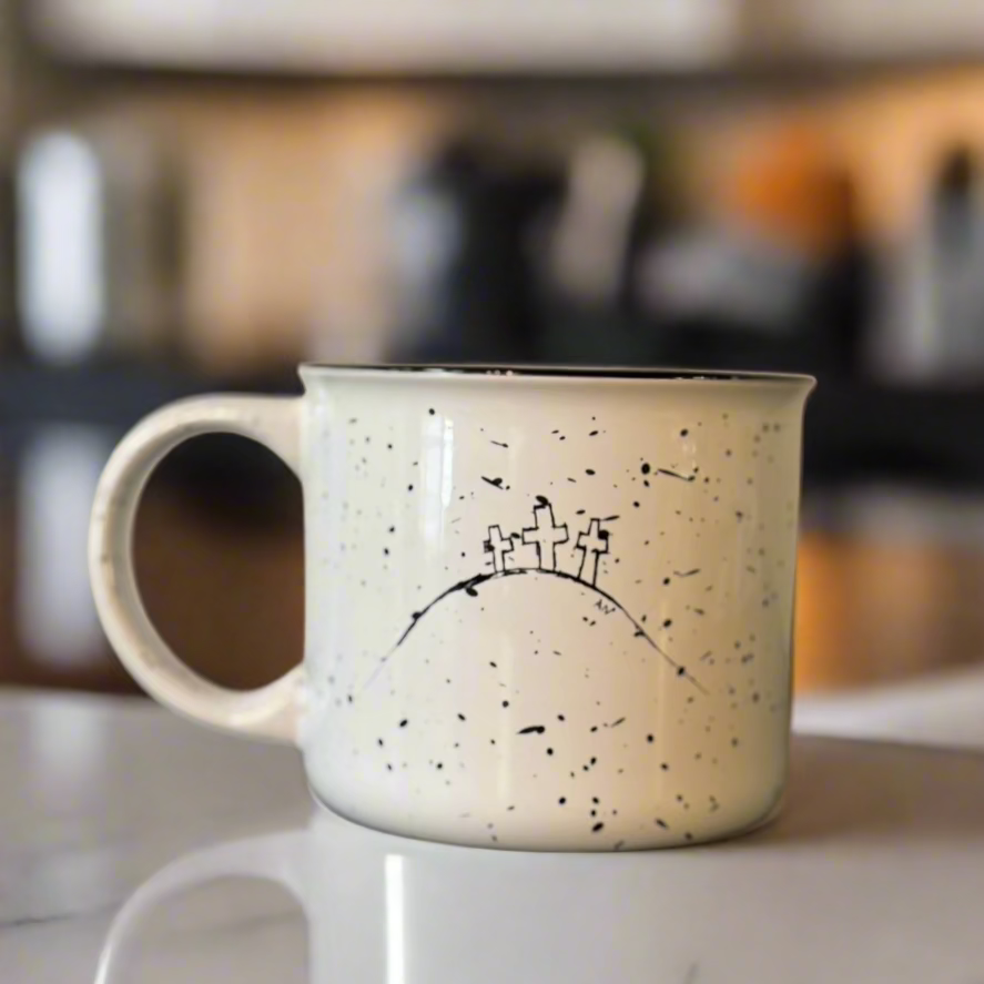 White campfire mug with three cross artwork