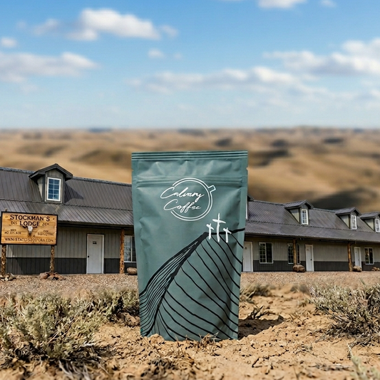 Bag of Calvary Coffee in front of Stockman's Lodge in Ericson, NE