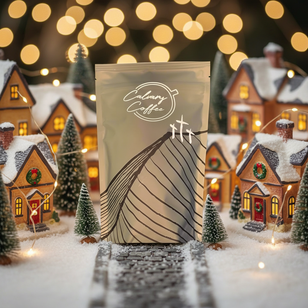 Calvary Coffee bag for Winter Wonderland in a Christmas village.